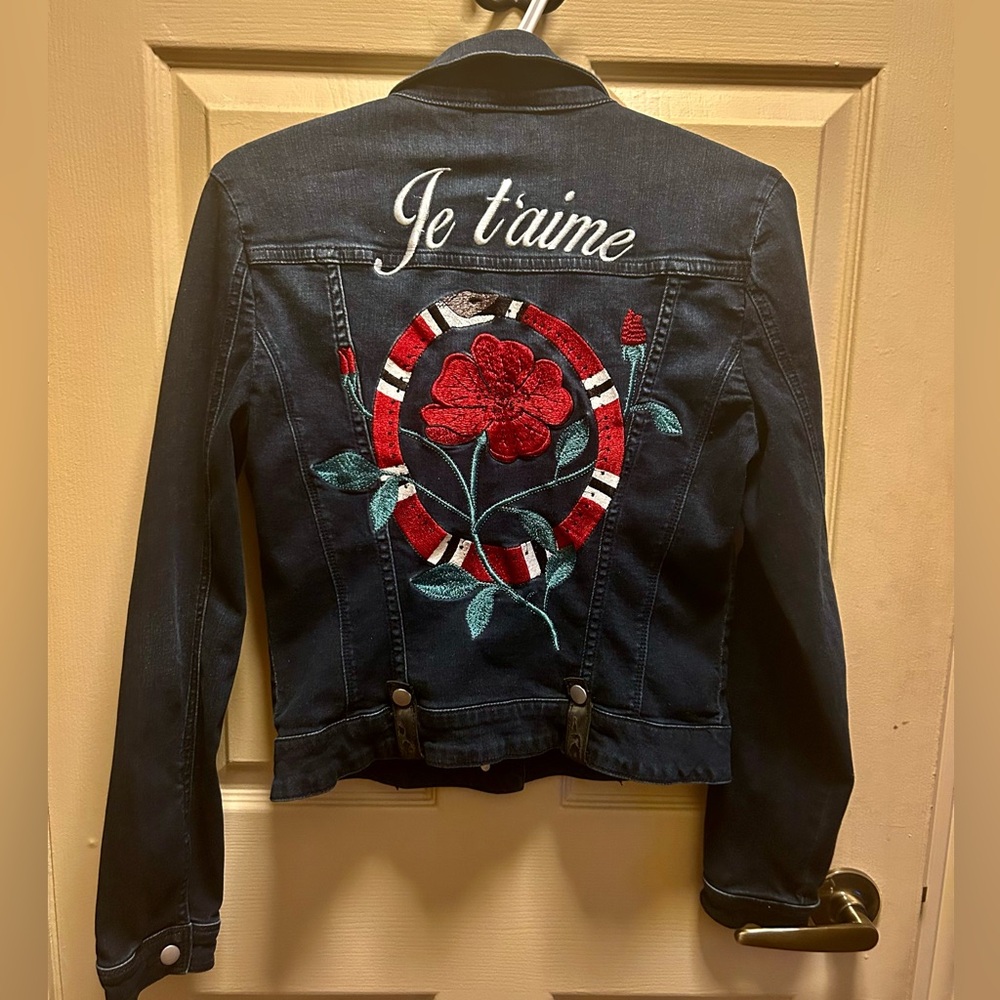 BEBE Embroidered Denim Jacket with Red Rose Design
